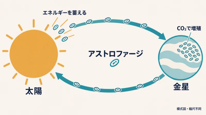 太陽の光でエネルギーを蓄えるアストロファージが、二酸化炭素を求めて金星へ移動し、増殖後に太陽へ戻る循環を二本の矢印で示した模式図。