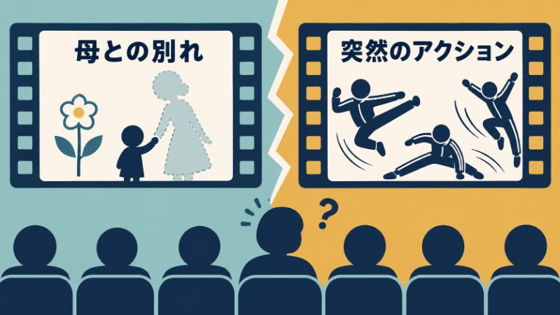 母子と花で表した「母との別れ」と、飛び跳ねる人々の「突然のアクション」を左右に並べた概念図。客席の疑問符が、ラストの雰囲気の変化への戸惑いを表す。