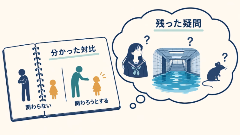 「分かった対比」のノートには関わらない人と関わろうとする人。隣に女子高生風の人物、洪水、ネズミを疑問符とともに配置。