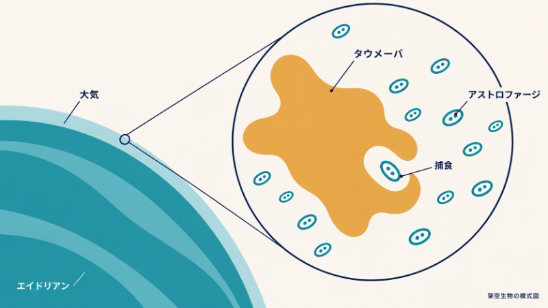 惑星エイドリアンの大気を円形に拡大し、黄褐色のタウメーバが青緑の楕円形で表したアストロファージを取り込む様子を示した架空生物の模式図。