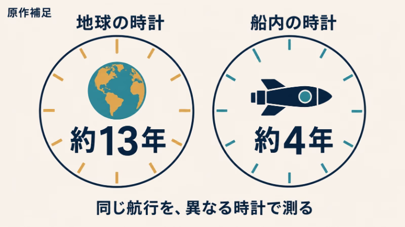 地球の時計に約13年、宇宙船内の時計に約4年と表示し、同じ航行を異なる時計で測る時間差を比較した図。左上に原作補足と明記されている。
