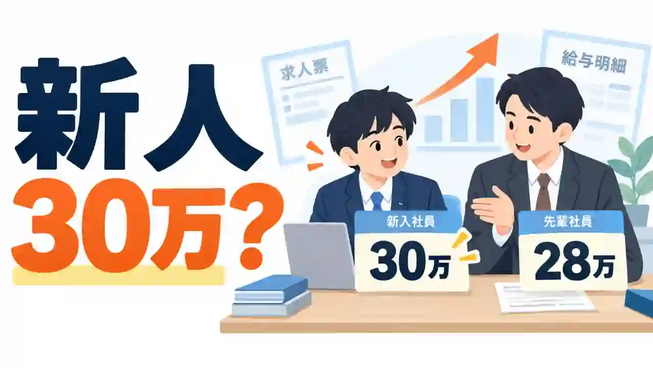 新人の月給30万円と先輩社員の28万円を対比し、給与逆転への疑問を示した図解風のイラスト