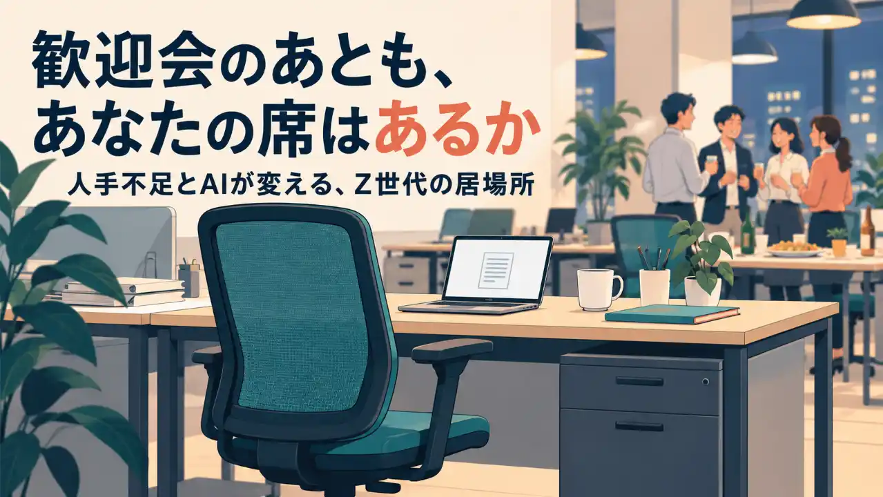 「歓迎会のあとも、あなたの席はあるか」の見出しと「人手不足とAIが変える、Z世代の居場所」の副題。空いた椅子の奥で同僚が歓談している。