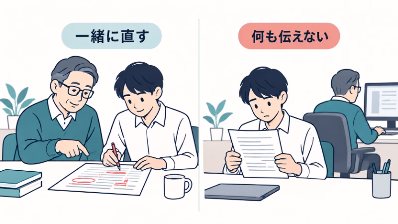 上司と若手が資料を一緒に直す場面と、上司が背を向け若手が未添削の資料を抱える場面。「一緒に直す」と「何も伝えない」を対比する。