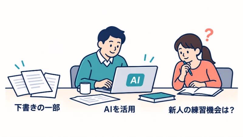 下書きの一部をAIを使って進める人と、隣でノートを開く新人。「新人の練習機会は?」という問いを添え、経験を積む機会を考える図。