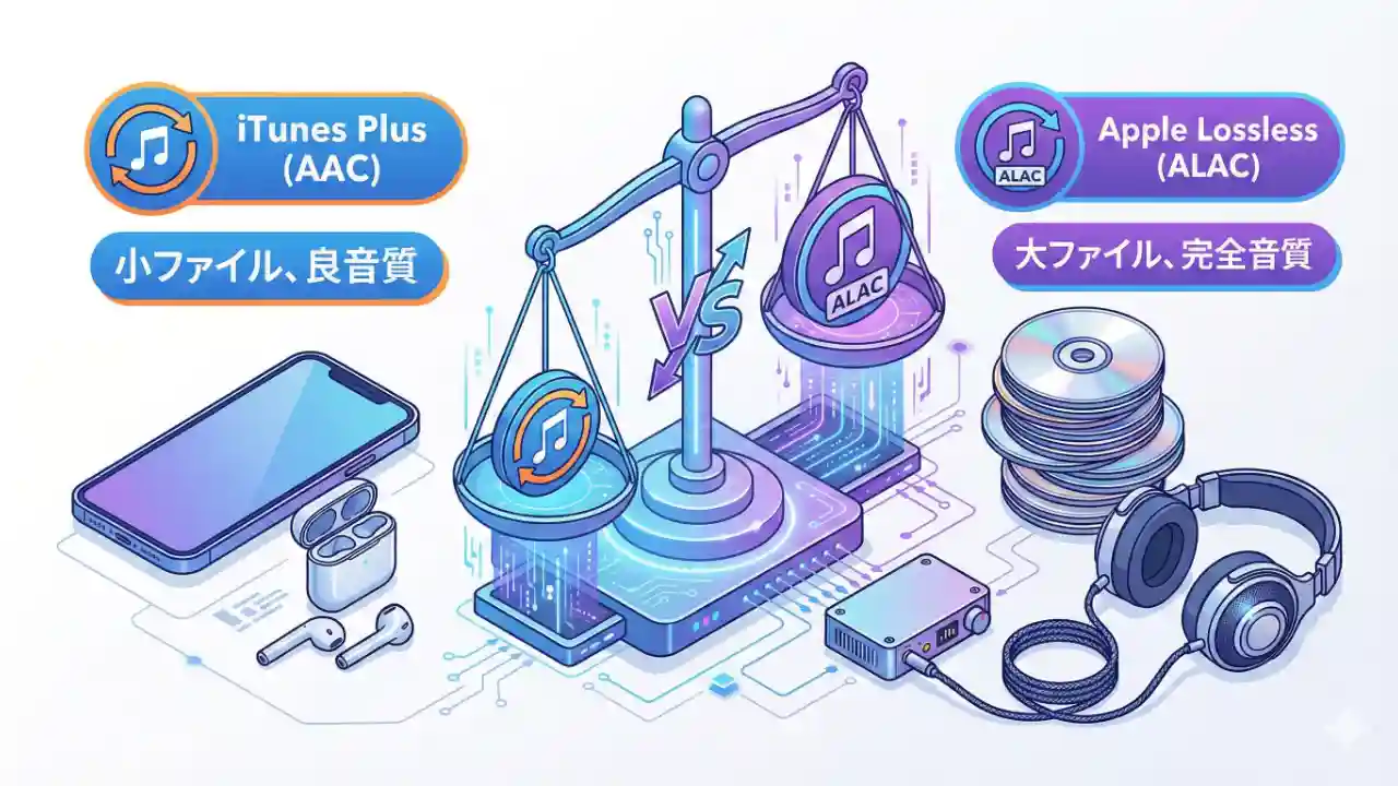 iTunesのCD取り込み設定に関するブログ記事のヘッダー用アイソメトリックイラスト。左側には、ワイヤレスイヤホン付きのスマートフォンがあり、「iTunes Plus (AAC)」というラベルのアイコンが表示されている。その下には「小ファイル、良音質」というテキストがある。右側には、積み重ねられたCDとDACに接続された高級有線ヘッドホンがあり、「Apple Lossless (ALAC)」というラベルのアイコンが表示されている。その下には「大ファイル、完全音質」というテキストがある。中央には、両者を比較する光る天秤がある。全体的なスタイルは、青、紫、オレンジをアクセントカラーにした、クリーンで現代的なテクノロジーフラットデザイン。白背景。