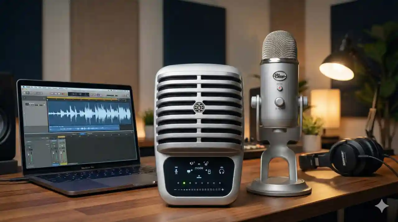 Blue Yeti Shure MV51を横に並べた画像