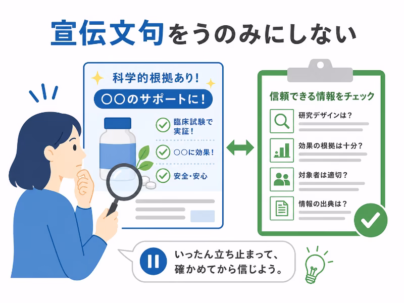 健康情報やサプリ広告を見て内容を冷静に確認するイメージのイラスト
