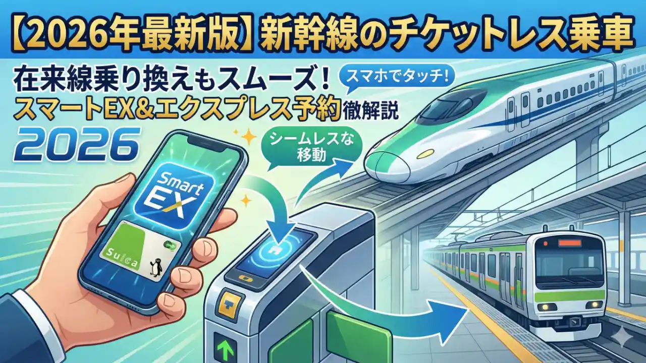 「【2026年最新版】新幹線のチケットレス乗車、在来線との乗り換えはどうする？スマートEXとエクスプレス予約を徹底解説」のアイキャッチ