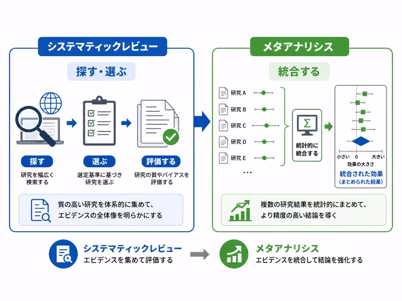 システマティックレビューとメタアナリシスの違いを示した図解イラスト