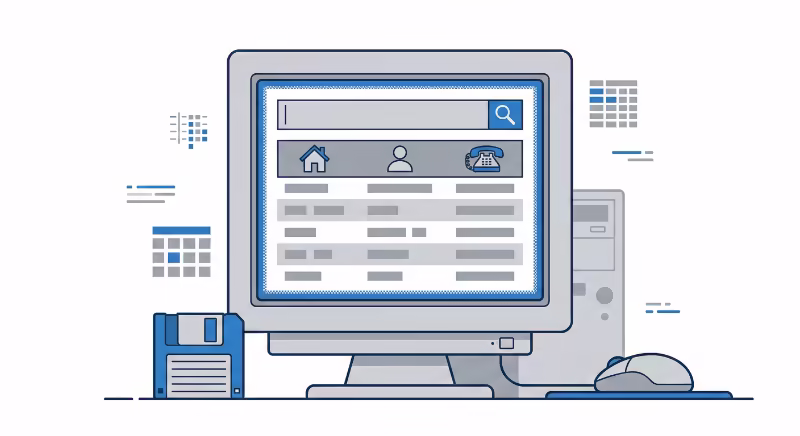 過去の電話帳データをパソコンで検索しているイラスト
