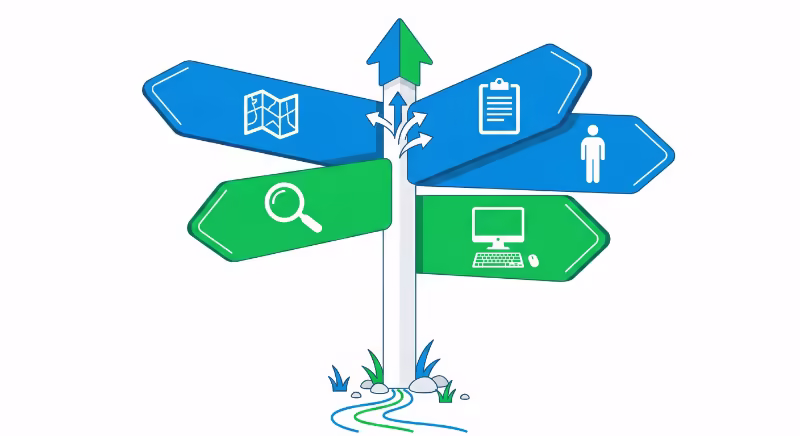 目的に応じて調査手段を選ぶ分岐点のイラスト