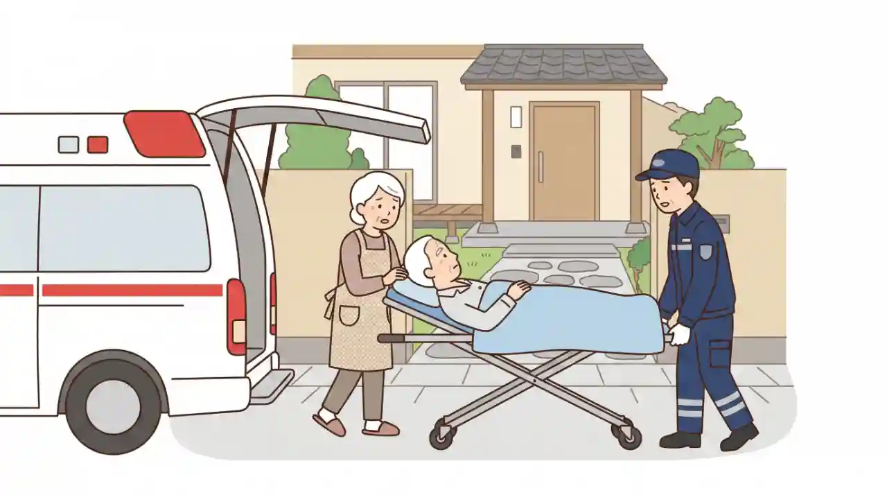 救急車の前で、搬送される夫に付き添おうとする高齢の妻と、確認する救急隊員のイラスト