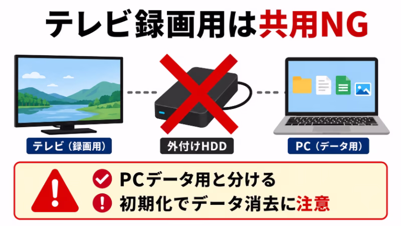 テレビ録画用HDDはパソコン用と共用しないほうがよいことを示す図解