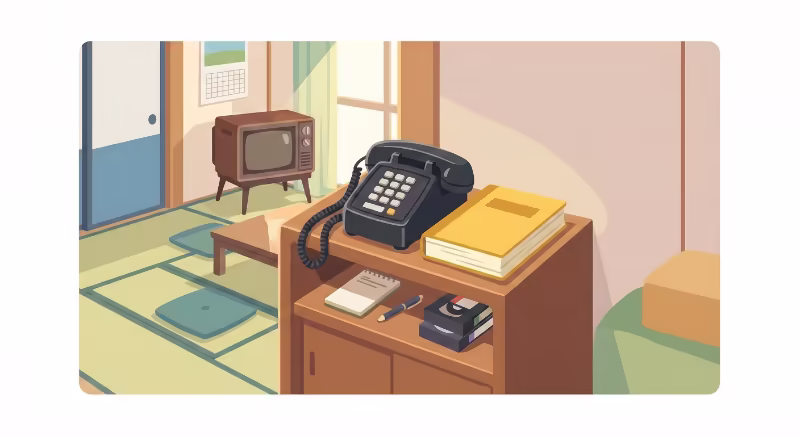 固定電話の横に置かれた分厚いタウンページのイラスト