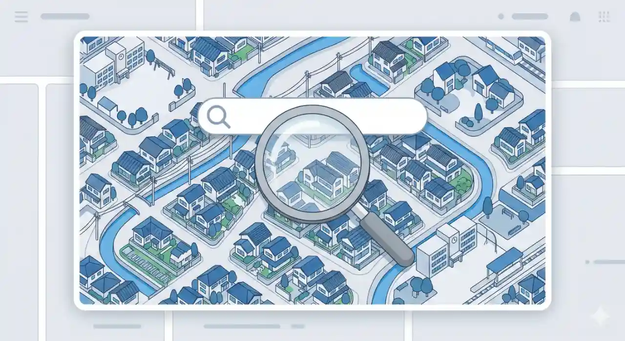 住所から名前を調べる方法を解説する記事のアイキャッチ画像。地図と虫眼鏡のイラスト。