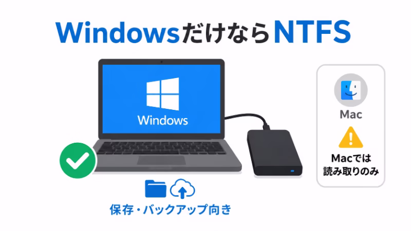 Windows専用で使う外付けHDDやSSDにはNTFSが向いていることを示す図解
