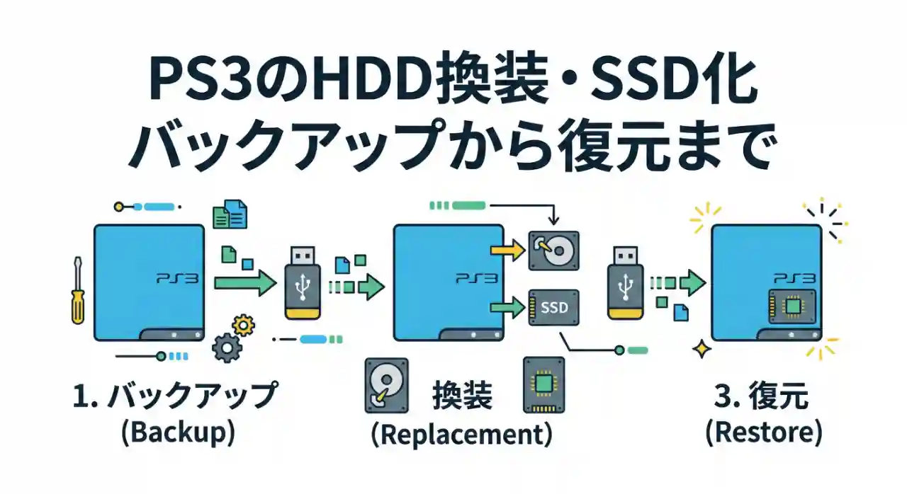 PS3のHDDをSSDに換装する方法を解説する記事のアイキャッチ画像。PS3本体とSSD・ドライバーが並んだメンテナンスシーン。