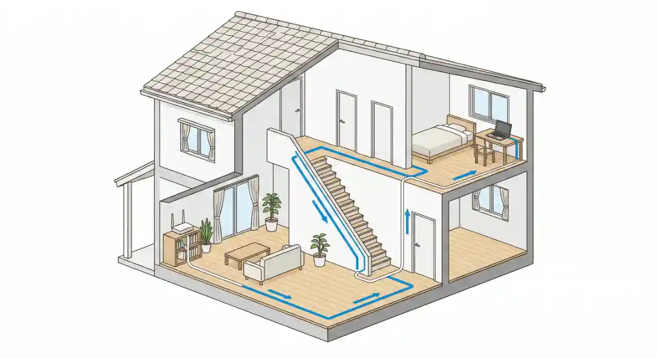 1階のルーターから2階へフラットLANケーブルを這わせた配線イメージ図