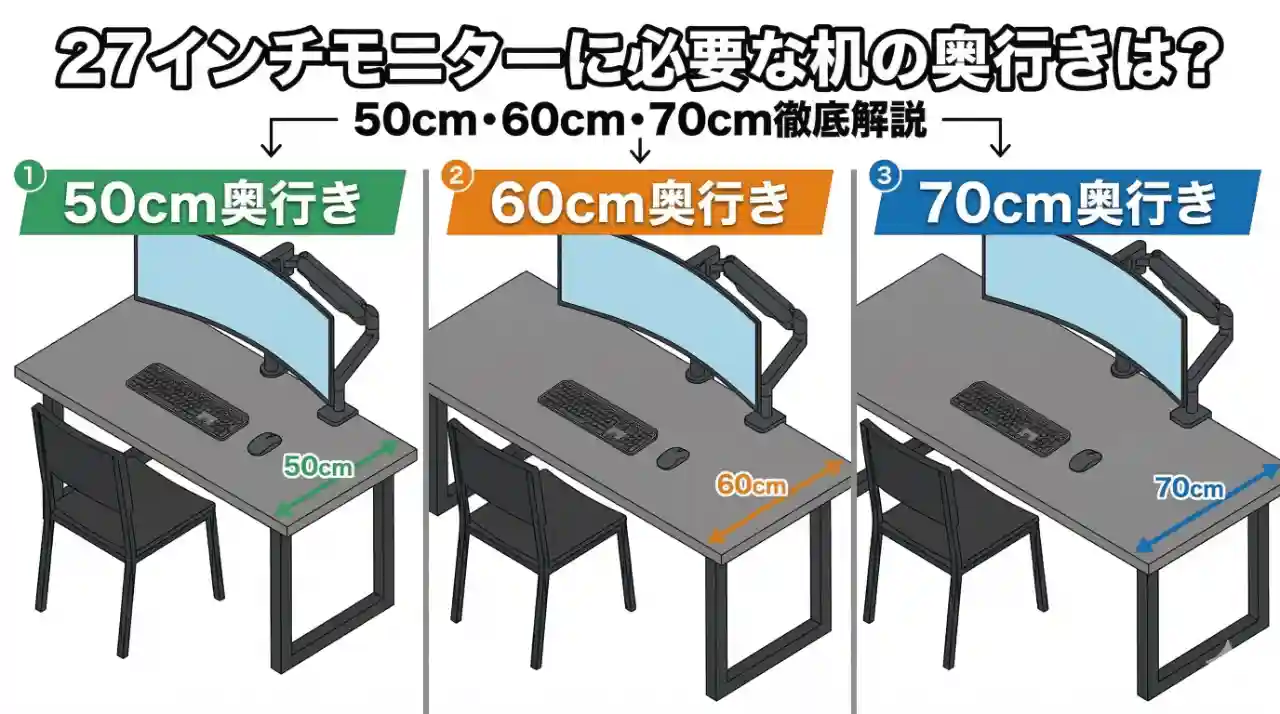 27インチモニターに必要な机の奥行きは？50cm・60cm・70cmで実際どう違う？を表すイラスト