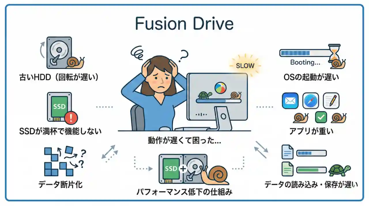 Fusion Drive搭載のiMacが遅い原因と外付けSSDを使った解決策を解説するイメージ図