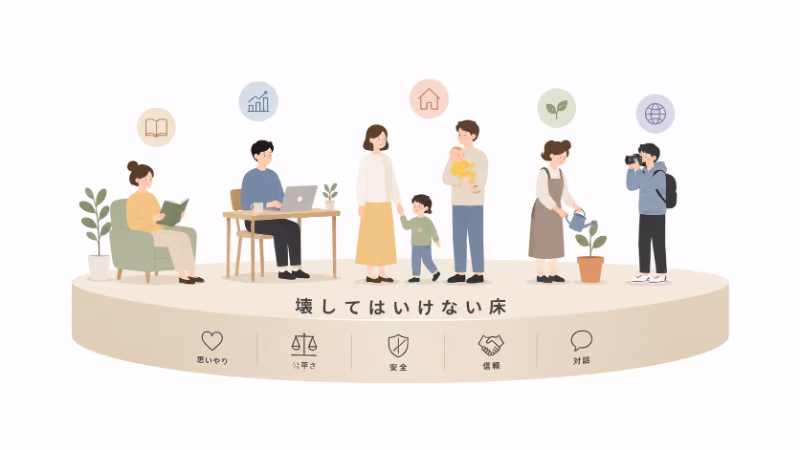 多様な生き方を支える共通の土台を、床の比喩で表現した白背景のフラットデザインイラスト