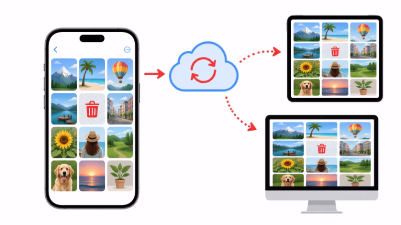 iPhoneで写真を削除するとiCloudや他のApple端末からも消える同期のイメージ図