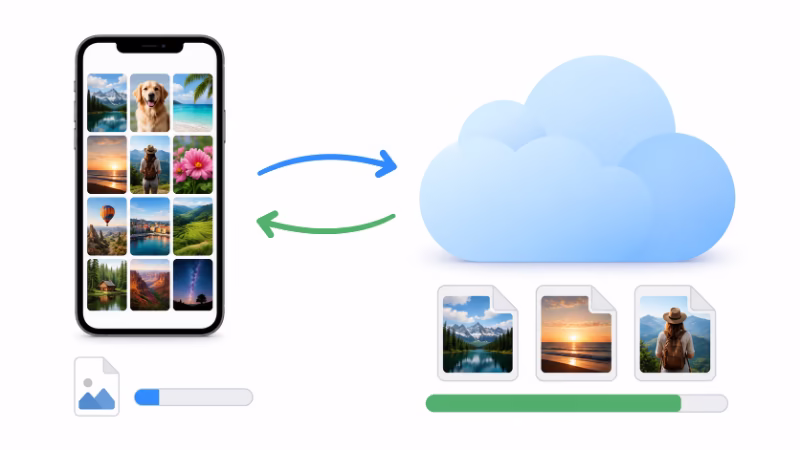 iPhoneのストレージ最適化で軽量版はiPhoneに、オリジナルはiCloudに保存される仕組みの図