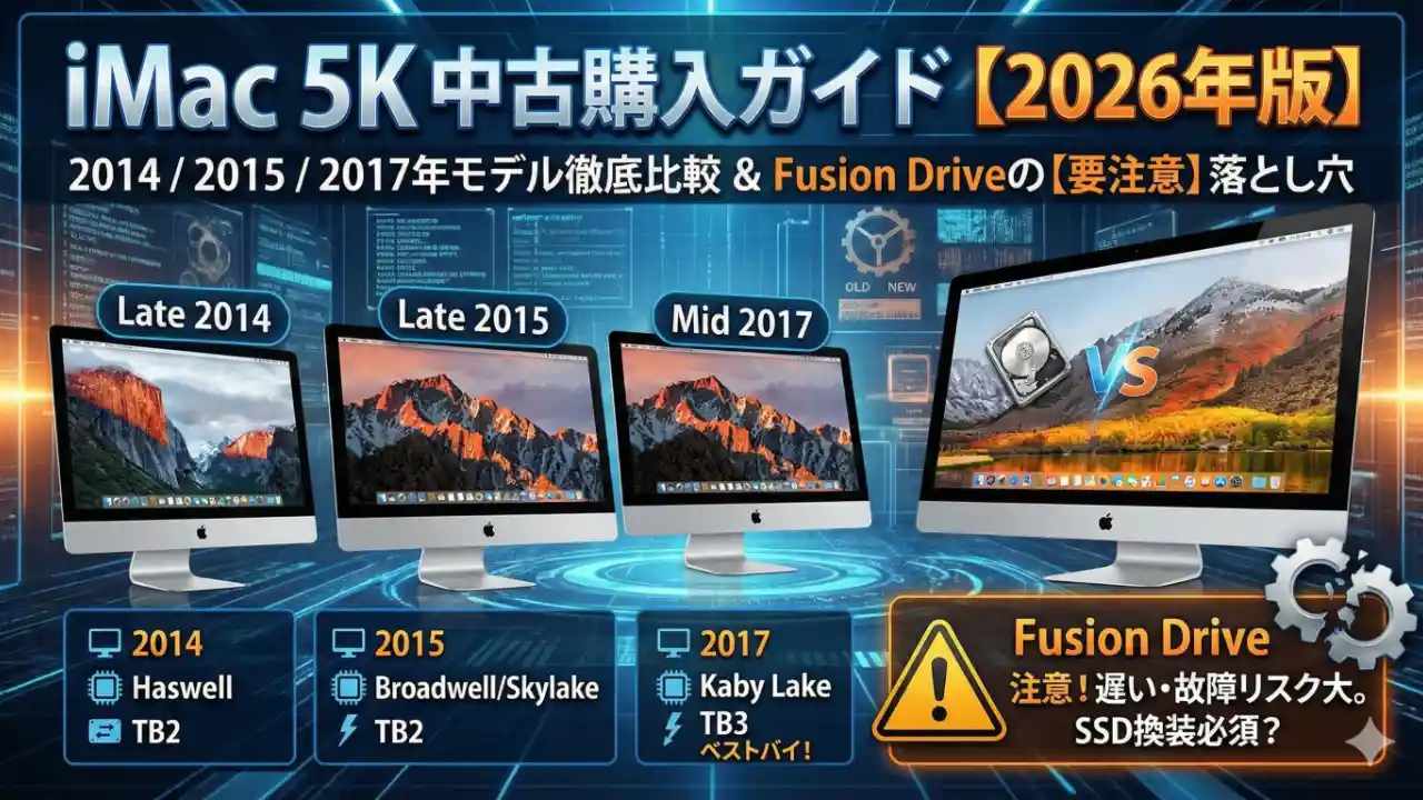 2026年版iMac 5K中古購入ガイド。2014年、2015年、2017年モデルの比較とFusion Driveの注意点を解説したアイキャッチ画像