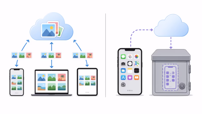 iCloud写真の同期とiCloudバックアップの違いを比較したイメージ図