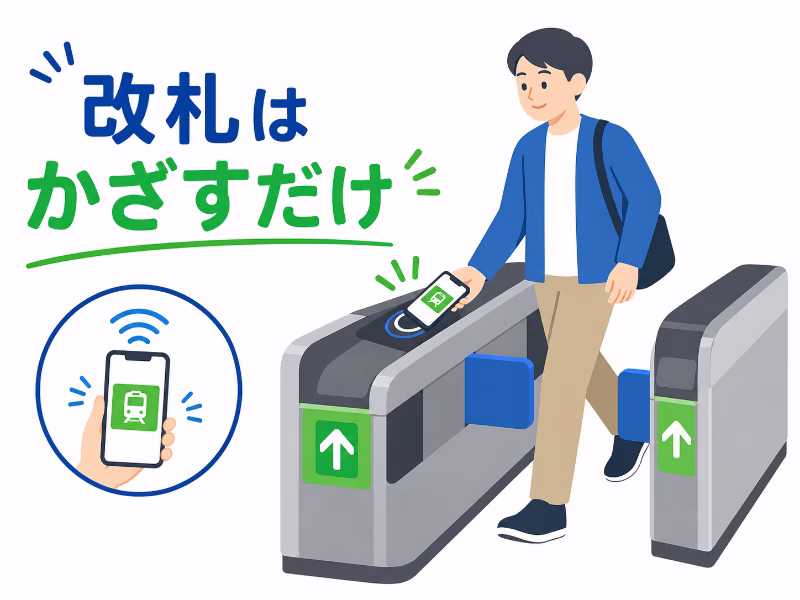 Apple Payの交通系ICカードを使って改札をロック解除なしで通るイメージ画像