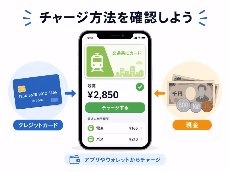 Apple Payで交通系ICや電子マネーにチャージする方法を示すフラットイラスト