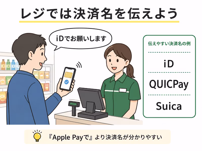 Apple Pay利用時にレジではiDやSuicaなど決済名を伝えることを示すイラスト