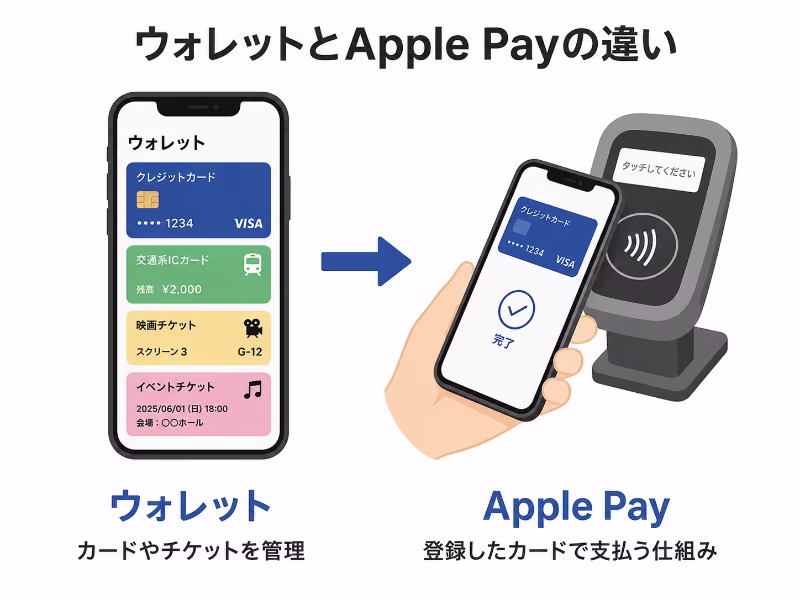 ウォレットはカードを管理する場所でApple Payは支払いに使う仕組みであることを示す図解