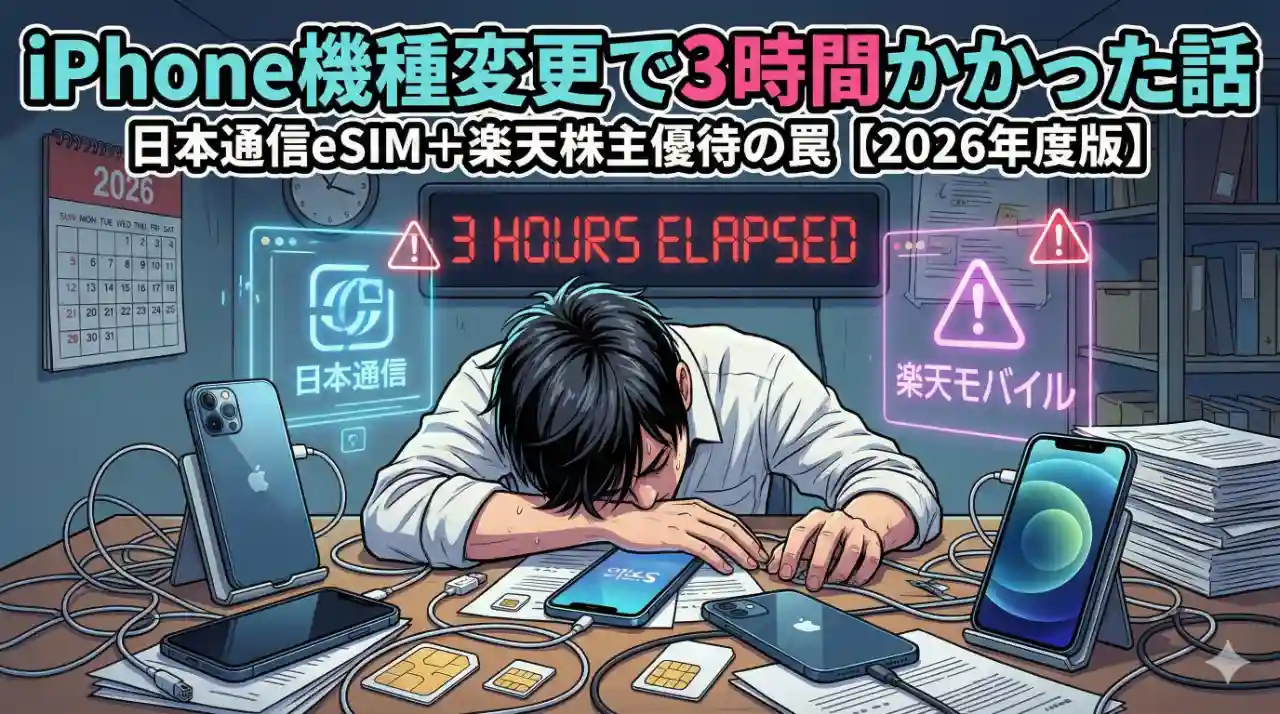 新しいiPhone16と旧iPhone13miniを並べてクイックスタートでデータ移行している様子。日本通信SIMと楽天モバイルのSIMカードのイメージ