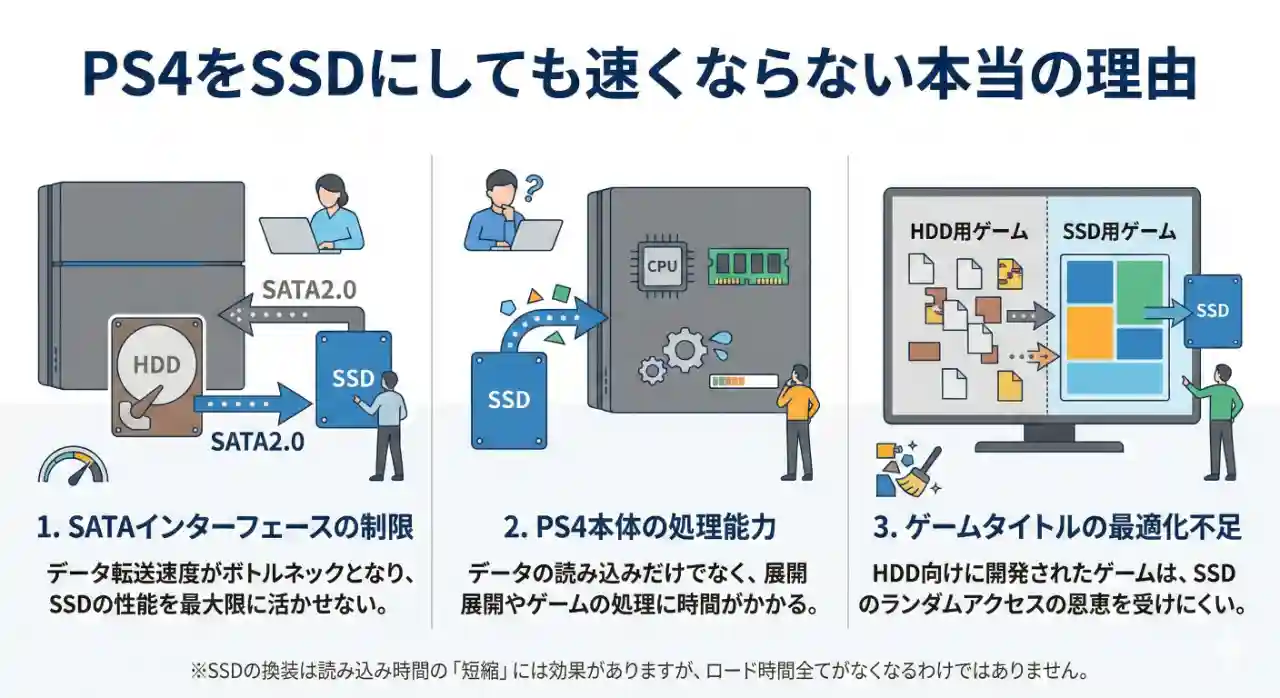 PS4本体とSSDを並べた図。換装しても速くならない疑問を表すイラスト。