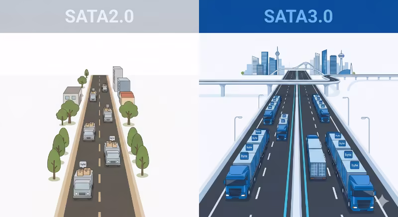 SATA2.0とSATA3.0の転送速度の違いを道路の車線数で表した比較イラスト。