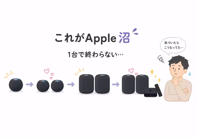 HomePodを買うとApple TVや2台目のHomePodが欲しくなるApple沼を表したイラスト
