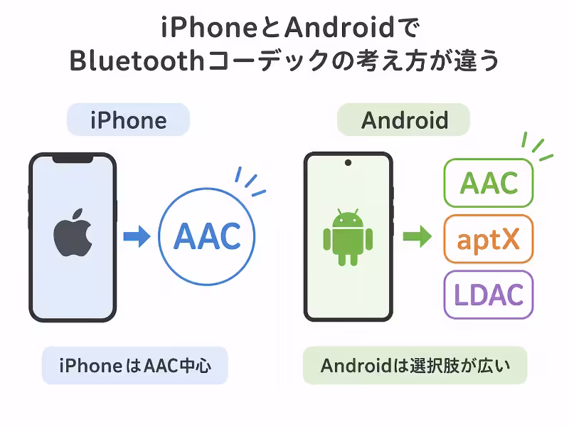 iPhoneはAAC中心、AndroidはLDACやaptX系も候補になることを示したフラットデザインの比較イラスト