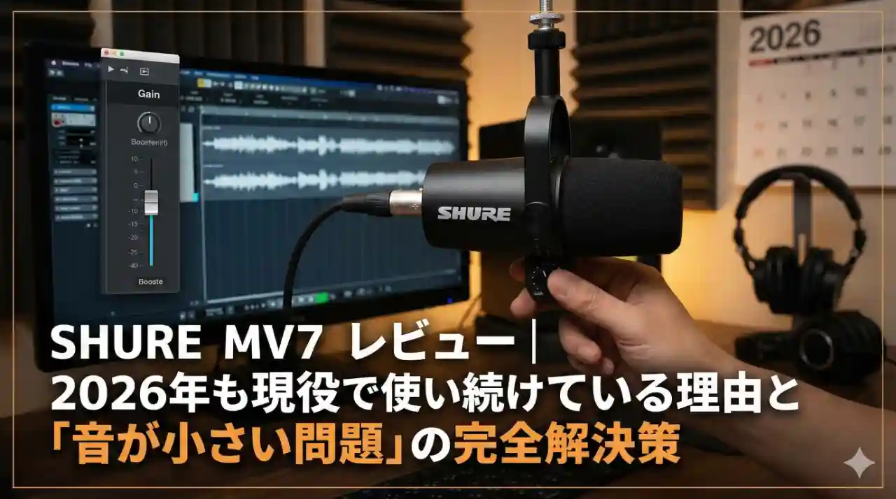 デスクに設置されたSHURE MV7マイクのアイキャッチ画像（音が小さい問題の解決策とMV7+のレビュー）