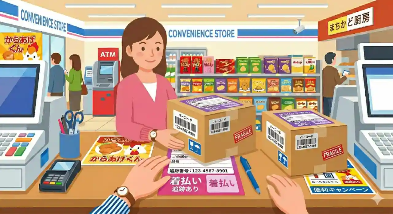 コンビニで着払い発送の手続きをしているイメージ