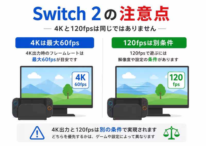 Switch 2で4K出力時は最大60fpsで、120fpsは別条件になることを示した白背景のフラットデザイン図解