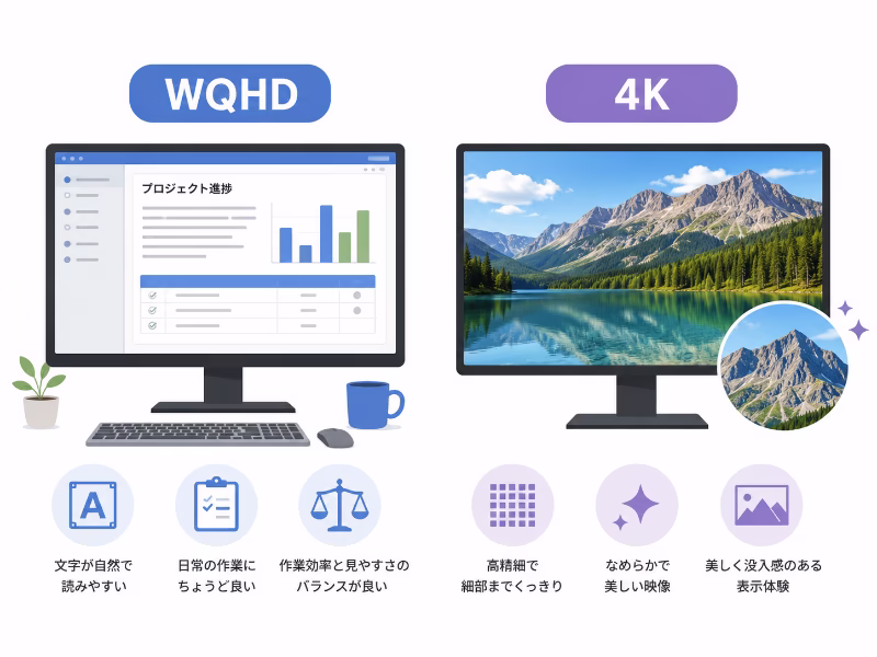WQHDと4Kの違いを、作業しやすさと表示品質の観点から比較したイラスト