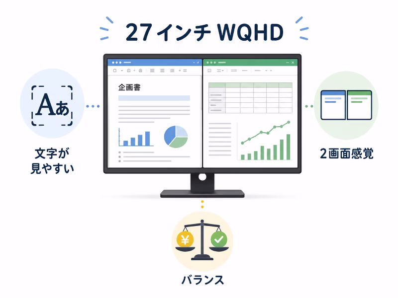27インチWQHDが文字の見やすさと作業領域のバランスに優れることを示した図解