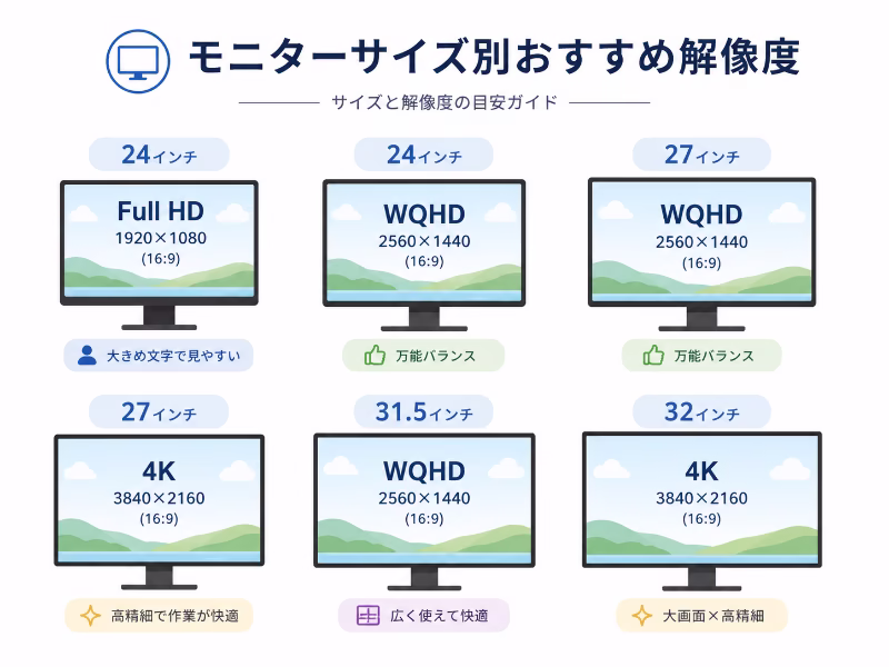24インチから32インチまでのモニターサイズ別におすすめ解像度をまとめた一覧図