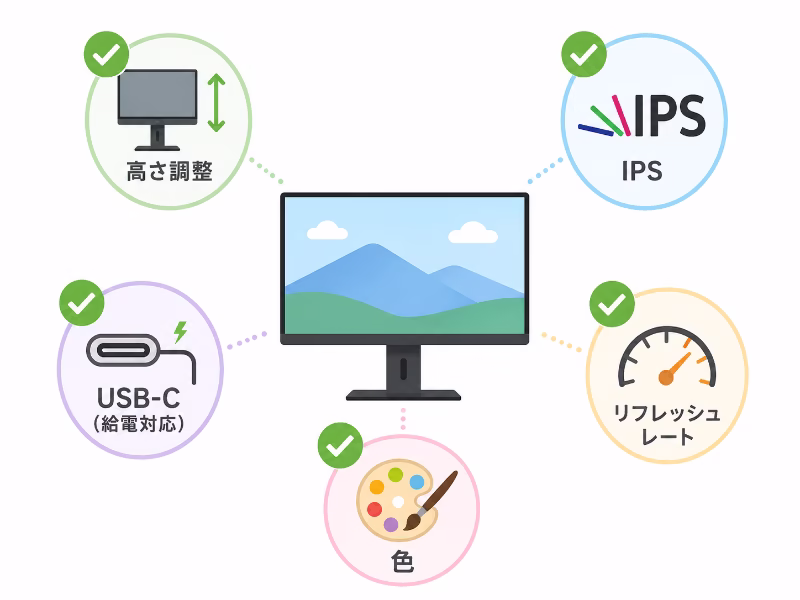 モニター選びで確認したい高さ調整、パネル、USB-C、リフレッシュレート、色性能をまとめた図