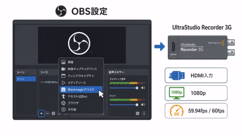 OBSでUltraStudio Recorder 3GをBlackmagicデバイスとして追加する設定イメージ