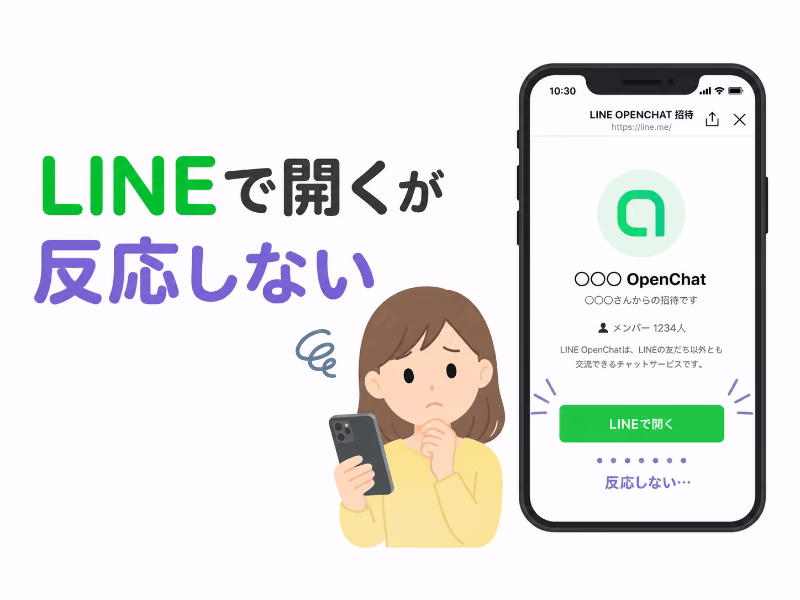iPhoneでLINEオープンチャットの招待リンクを開いたが、「LINEで開く」ボタンが反応せず困っている様子のイラスト