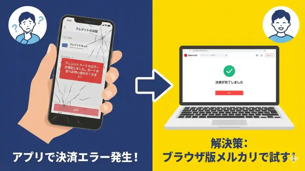 メルカリの決済画面でクレジットカードエラーが表示されているスマートフォンと、解決策であるブラウザ版メルカリを表示したパソコンのイメージ画像
