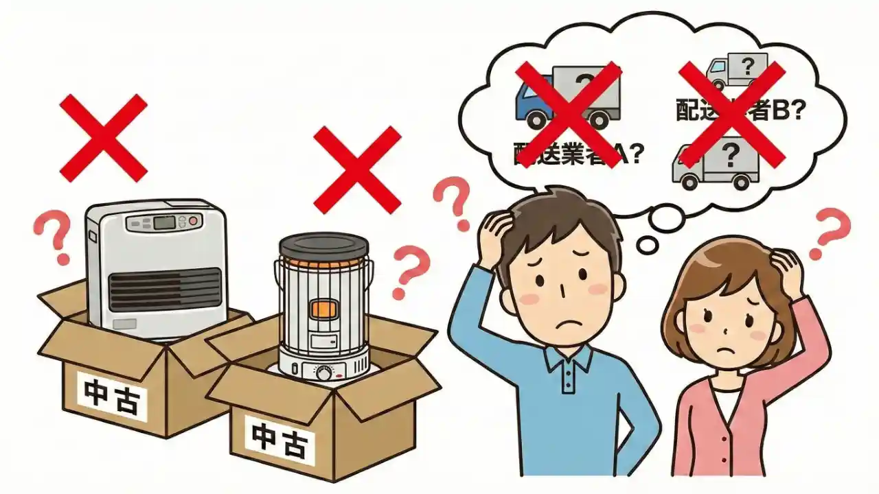 白い背景の漫画イラスト。困惑して悩んでいる人物が描かれている。その前には、中古の石油ファンヒーターと筒型の石油ストーブが段ボール箱に入って並んでいるが、大きな赤いバツ印（X）とハテナマーク（?）が周囲に浮かんでいる。人物の頭上の思考の吹き出しには、どこの配送業者を使えばいいのかわからなくなっている。スタイルはクリーンで親しみやすい。